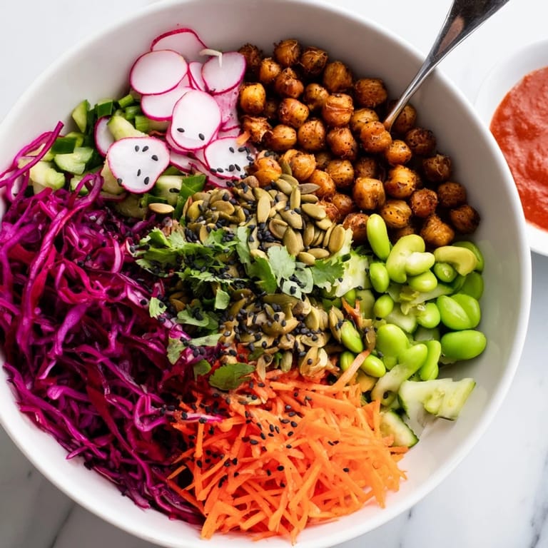 Colorful ASMR Crunch Snack Bowls topped with roasted chickpeas and crispy textures.  