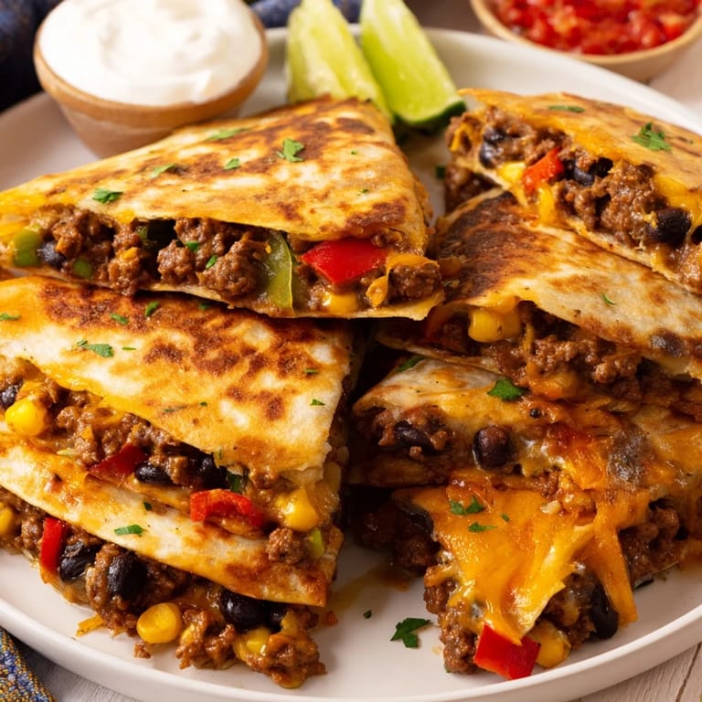 Golden brown sheet pan quesadillas with flavorful beef, melted cheese, and colorful toppings.