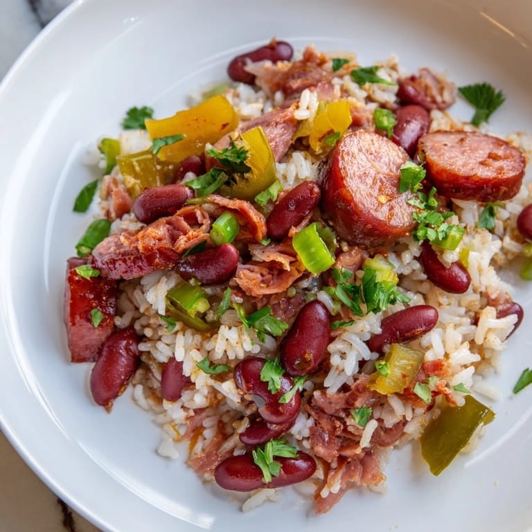 Warm, comforting Red Beans & Rice topped with green onions and rich, savory broth.