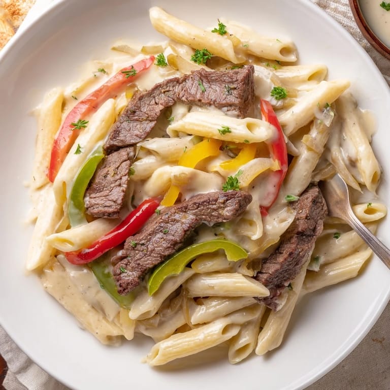 Delicious Philly Cheese Steak Pasta featuring tender beef and vibrant bell peppers.