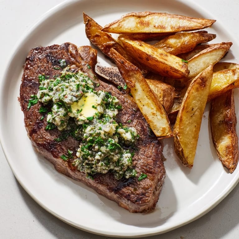 Golden-brown Steakhouse Garlic Butter Steak & Fries, served with crispy, seasoned fries, a classic American meal.