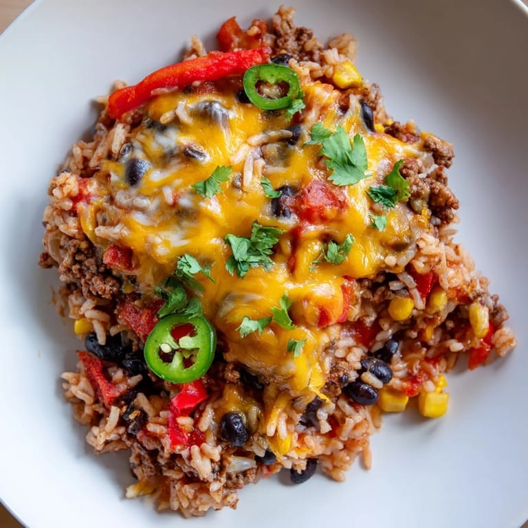 Cheesy, baked Tex-Mex Beef & Rice Casserole with visible beans and peppers, ready for serving with sour cream.