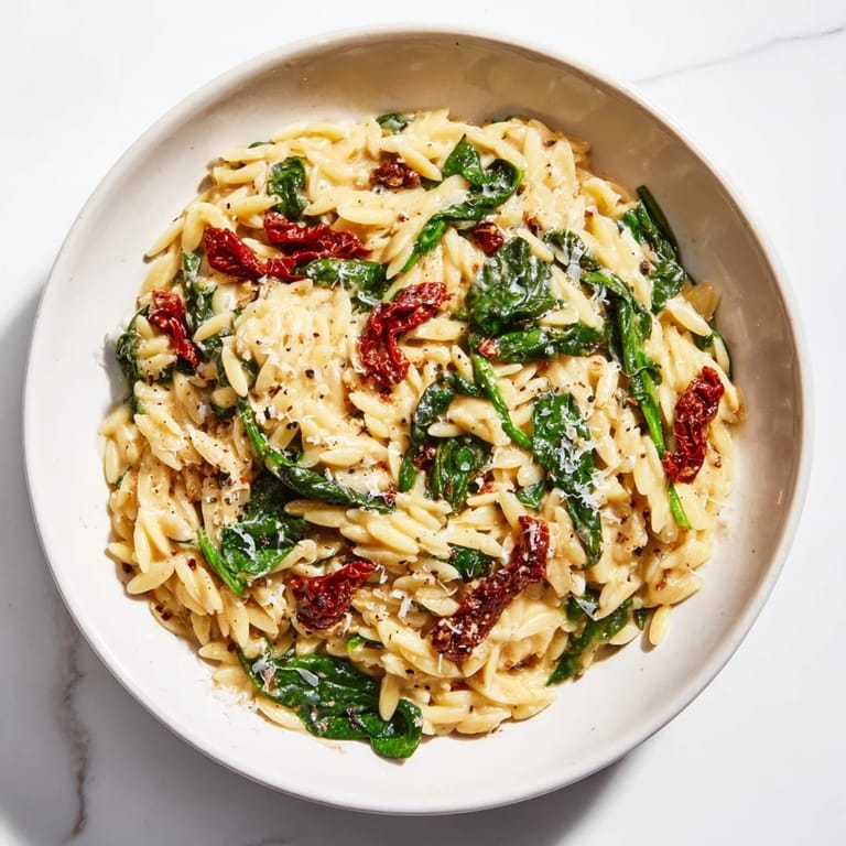 A close-up of a steaming Creamy Tuscan Orzo Bowl, looking deliciously creamy with fresh spinach.