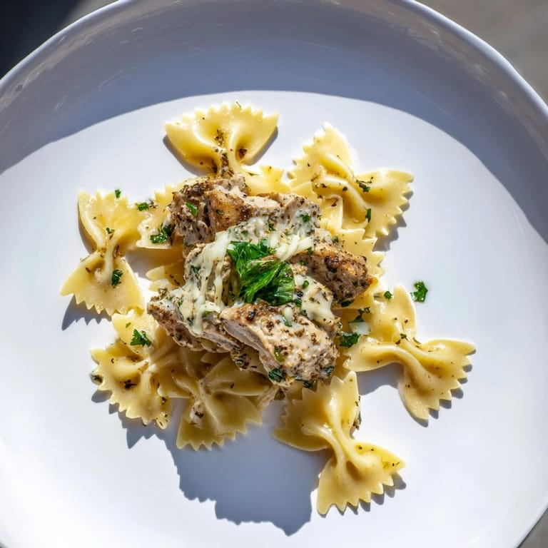 Golden-brown chicken pieces and bowties mingle in this flavorful Mozzarella Garlic Butter Chicken Bowties dish.