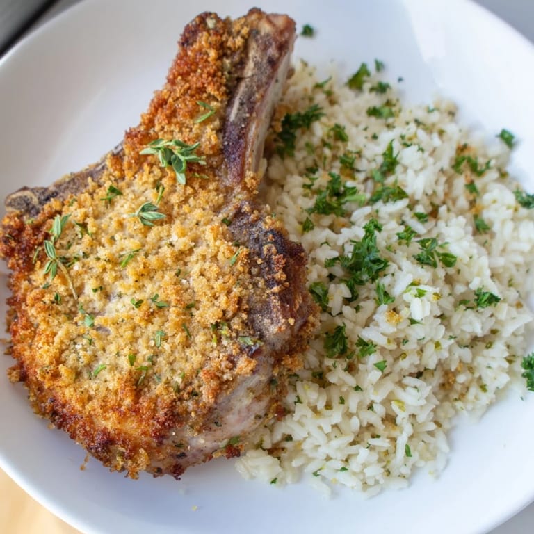 Comforting plate of Parmesan Herb Pork Chops with seasoned rice; a savory and satisfying meal.