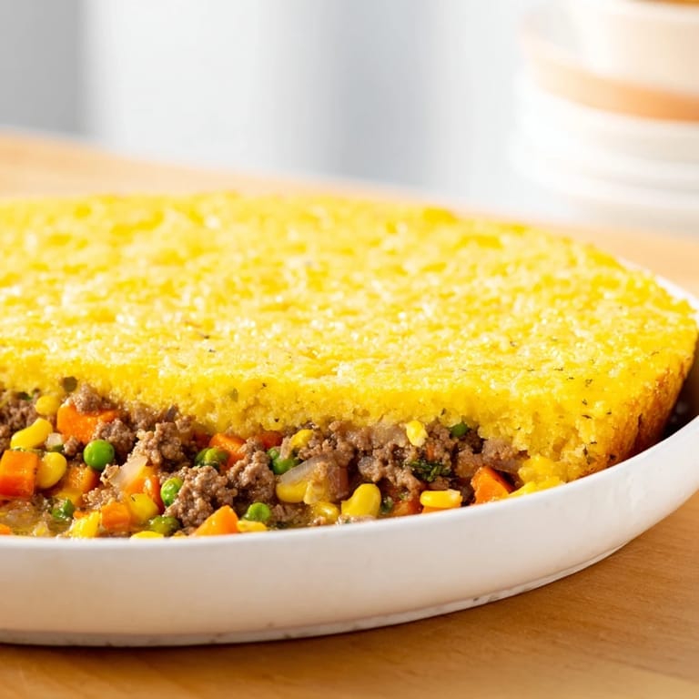 This Cornbread Crusted Beef Pie bursts with a hearty beef and vegetable filling, topped with crumbly cornbread.