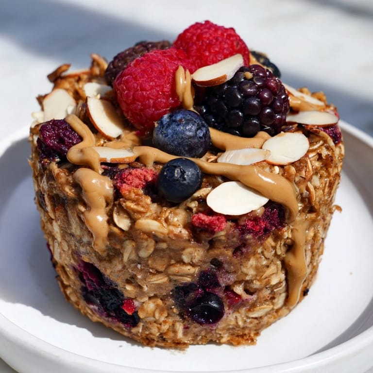 Warm, berry-studded baked oatmeal cups, drizzled with maple syrup; a tasty and healthy snack.