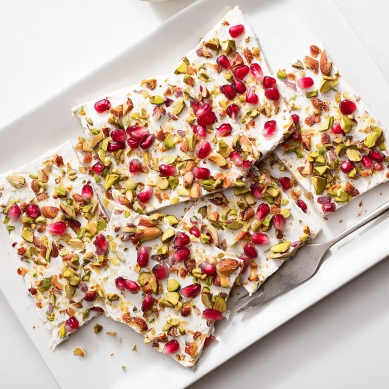 Close-up of Frozen Yogurt Bark: frozen treat with bright red pomegranate and green pistachios sprinkled.