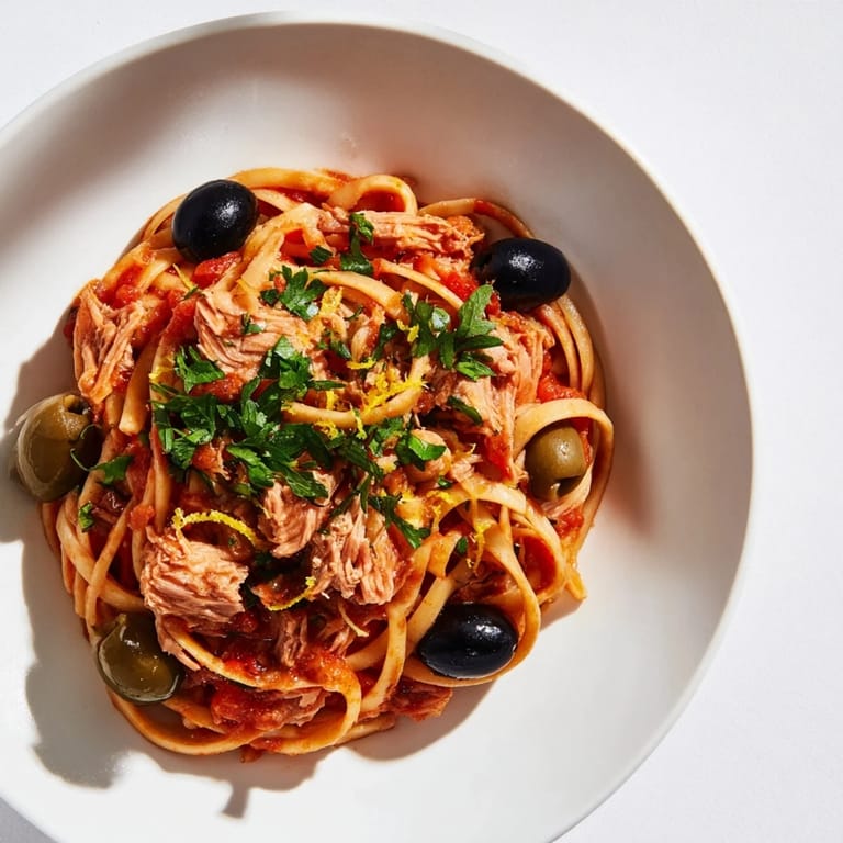 Pasta with Tuna, Olives & Capers: Flaky tuna and olives mixed with perfectly cooked pasta noodles.