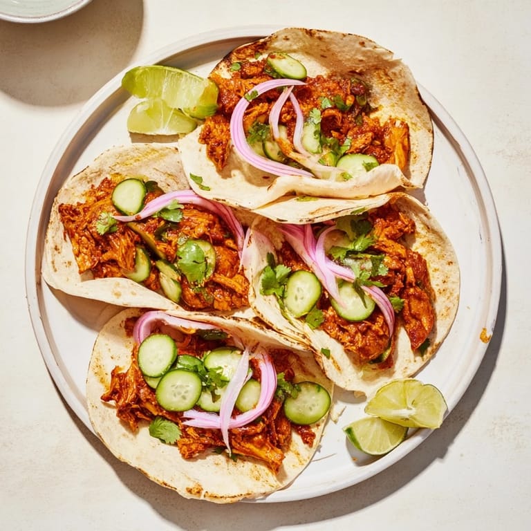 Spicy sticky chicken tikka masala tacos with colorful toppings like red onion and lime wedges.