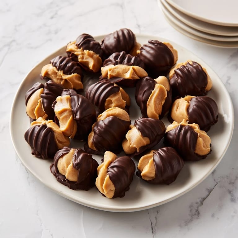 Vibrant image shows perfectly formed peanut butter buckeyes, a classic American candy recipe.