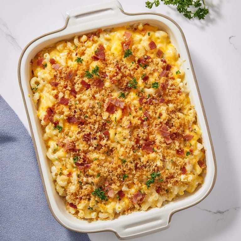 Cheesy sheet pan mac and cheese, a comforting dish with a crispy bacon topping, served hot.