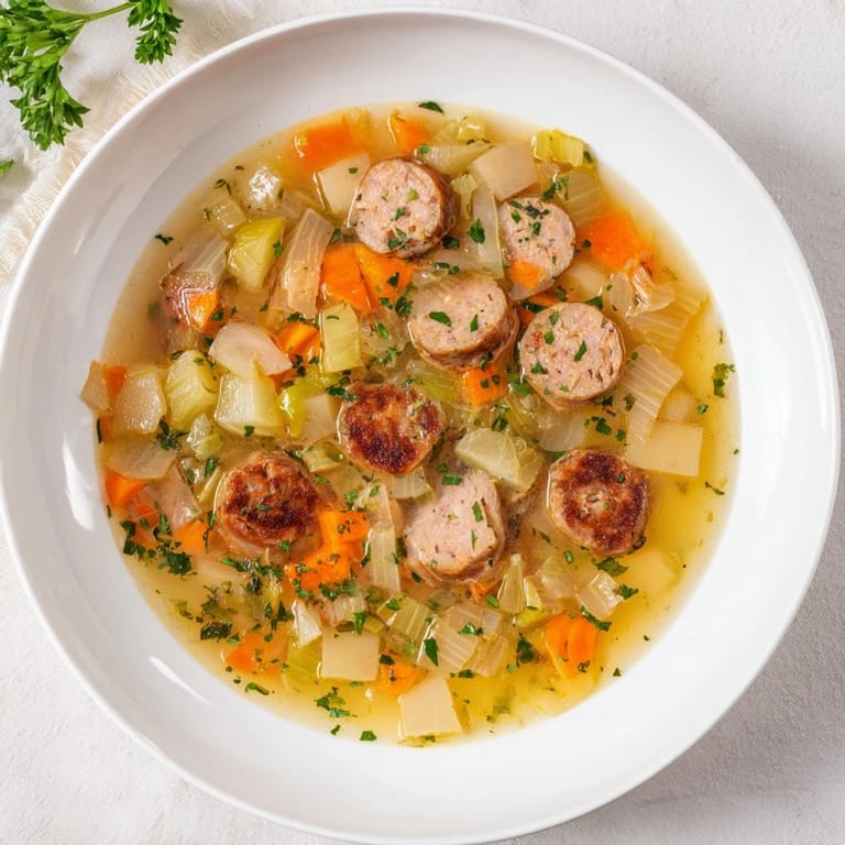 A close-up image of the golden-brown Stovetop Sausage, Celery, and Apple Hotpot, garnished with parsley.