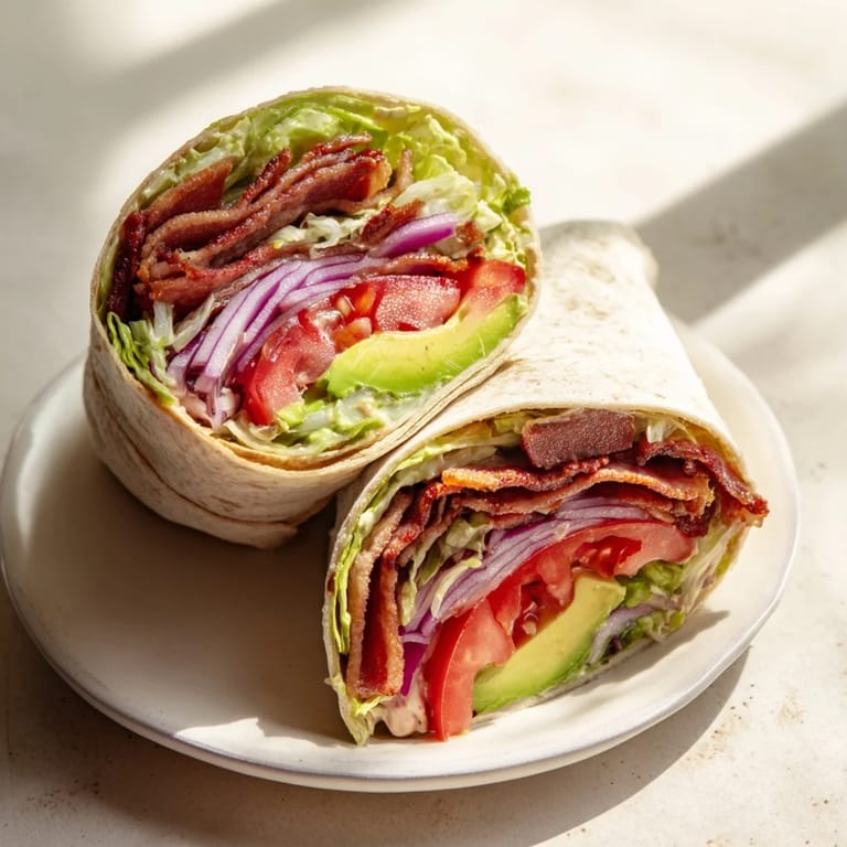Enjoy a satisfying Zesty BLT Wrap, featuring smoky bacon and a flavorful chipotle kick.