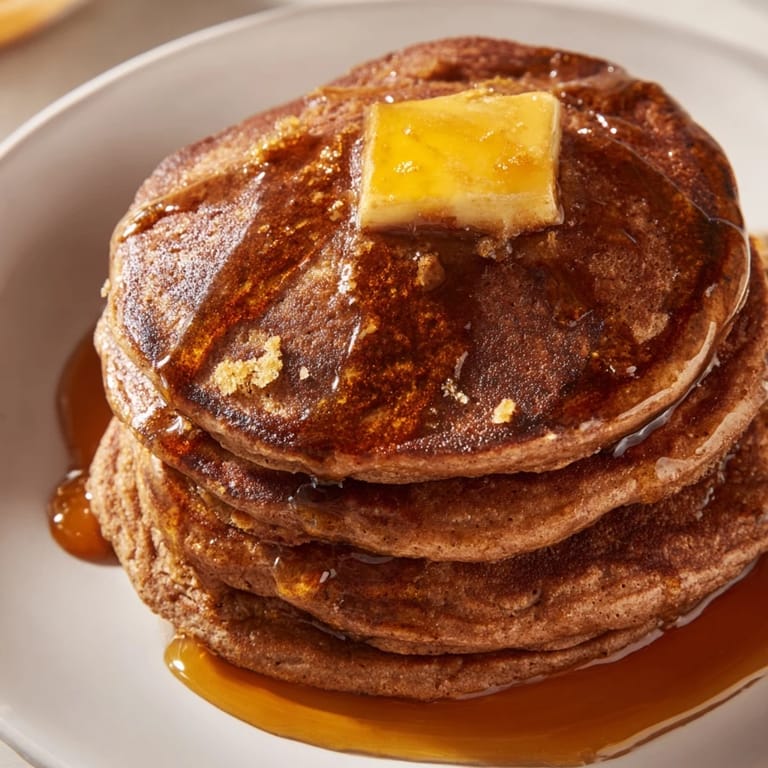 Golden-brown gingerbread pancakes, fluffy and fragrant, ready to be topped with syrup for a cozy brunch.