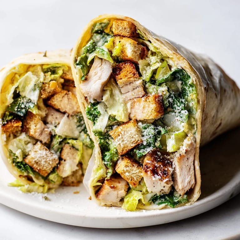 Warm flour tortillas enveloping savory Chicken Caesar Wrap filling, a satisfying, easy lunch.