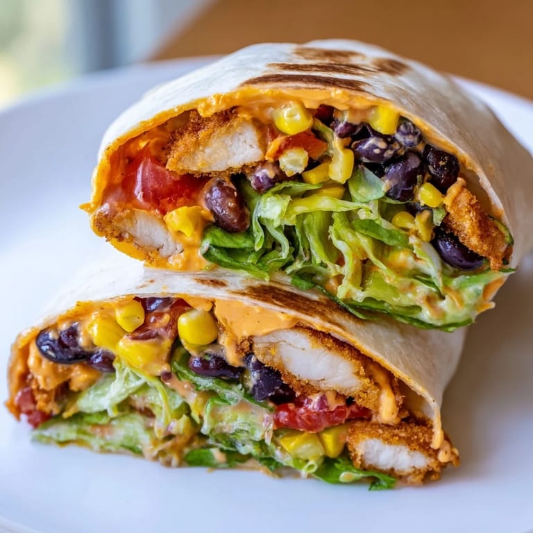 Close-up of a flavorful Southwest Chicken Wrap, showing the crispy chicken and creamy dressing within.