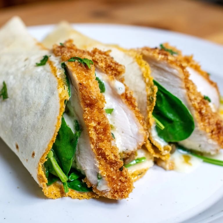 A close-up of a Chicken Piccata Crunch Wrap, showcasing the satisfying textures of the ingredients.