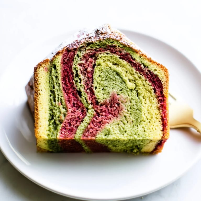 A slice of fresh matcha marble pound cake, showcasing beautiful green and red swirls and offering a delightful texture.
