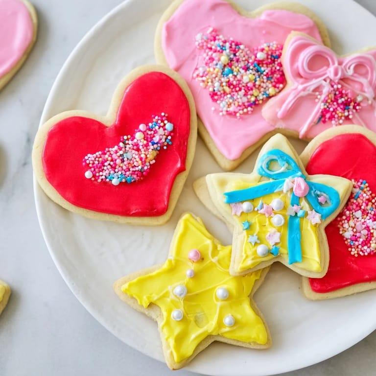 Close-up of freshly iced Pretty Bows Heart & Star Cookies shows charming bow details with vibrant sprinkles.