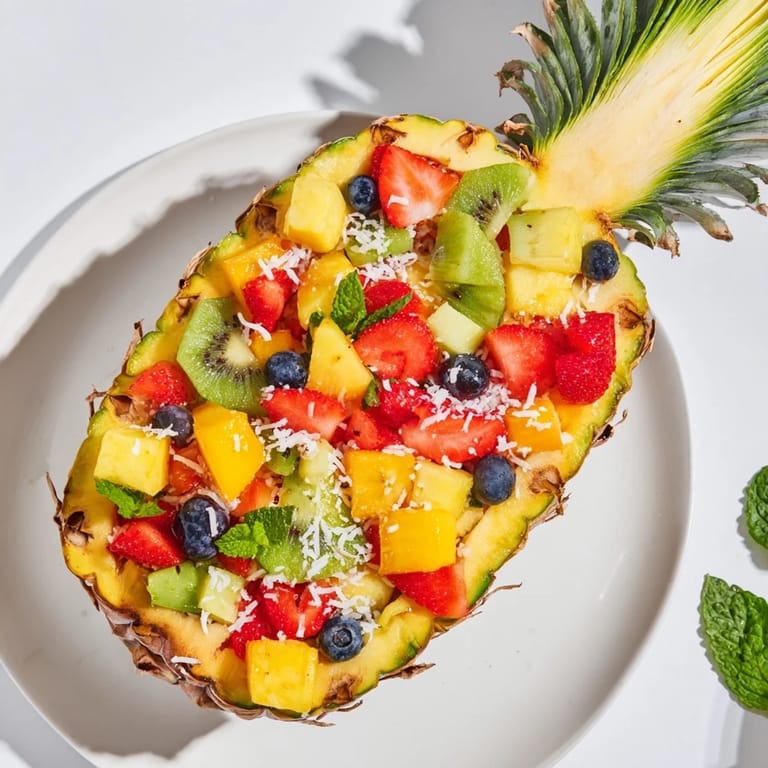 Sweet, juicy Tropical Bliss Pineapple Fruit Boat filled with refreshing mango, and berries; a vegan delight.