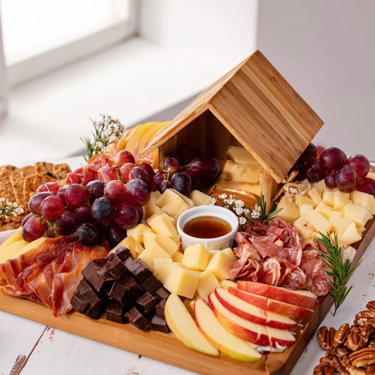Imagine this Sweet Home Charcuterie Board, a cozy appetizer featuring a house shape filled with flavor.