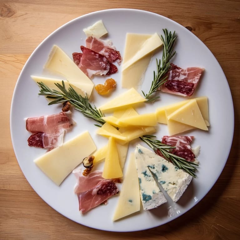Delicious, Alps-inspired Winter Mountain Cheese Platter featuring cheeses, cured meats, and walnuts.
