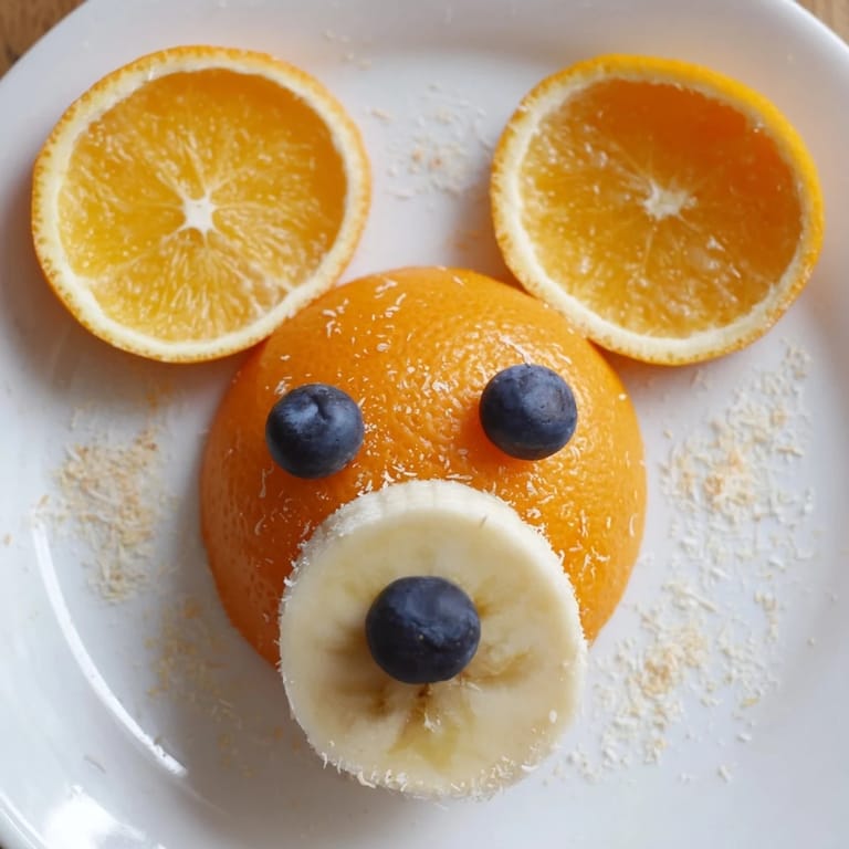 A close-up of a smiling Orange Slice Bear Face Fruit Board, ready for a kid's healthy brunch.