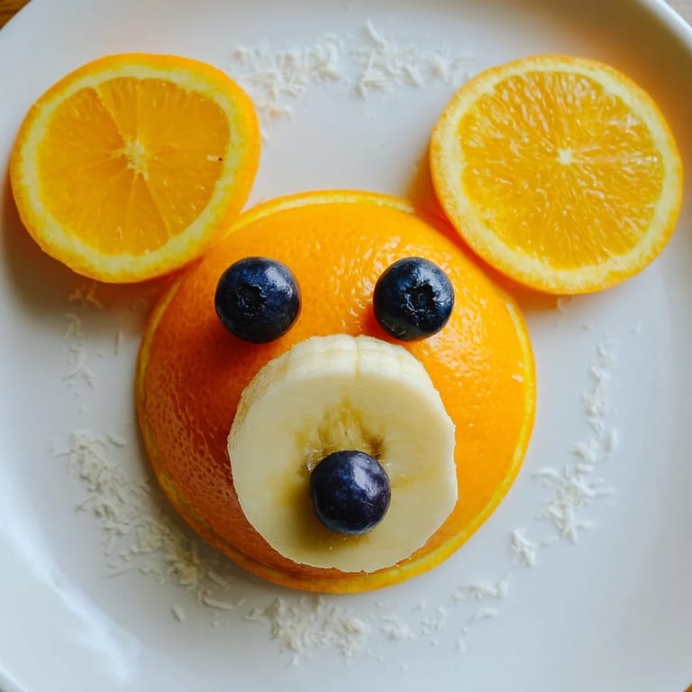 Fresh, juicy orange slices create adorable bear faces, presented on a colorful fruit platter.