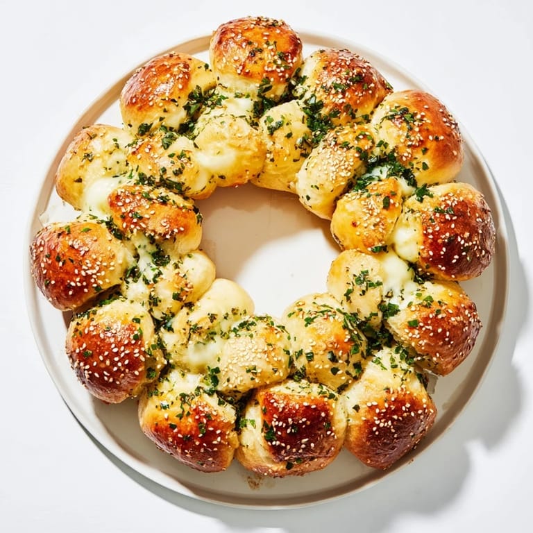 Warm, cheesy bites of Festive Pull-Apart Bread Wreath make a delicious, aromatic appetizer, ready to enjoy.