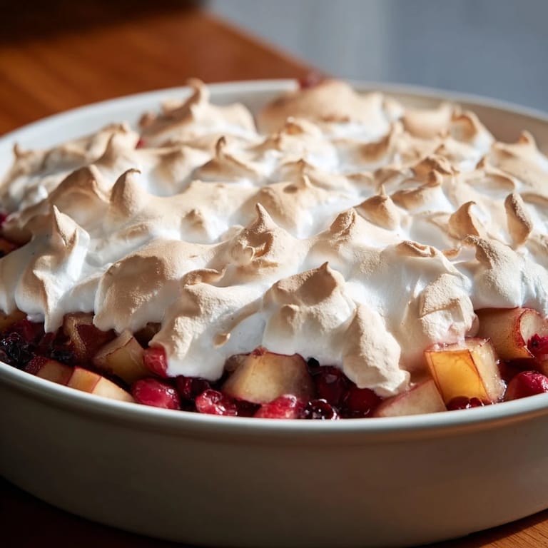 Golden-brown peaks of meringue top this Cranberry and Pear Snowscape, ready to serve for dessert.