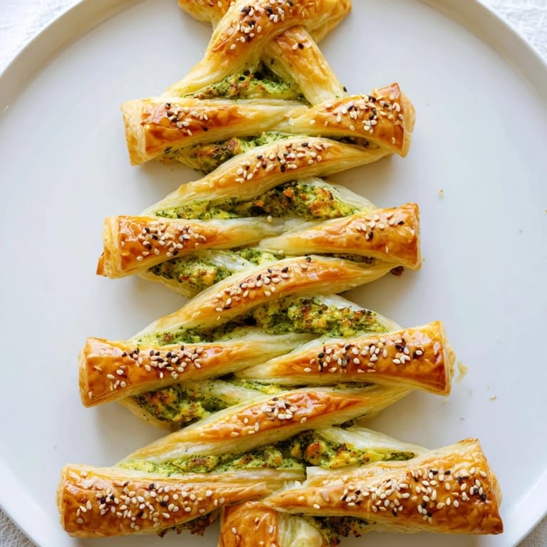 A close-up view of the savory, herbed cheese-filled puff pastry Christmas tree appetizer.