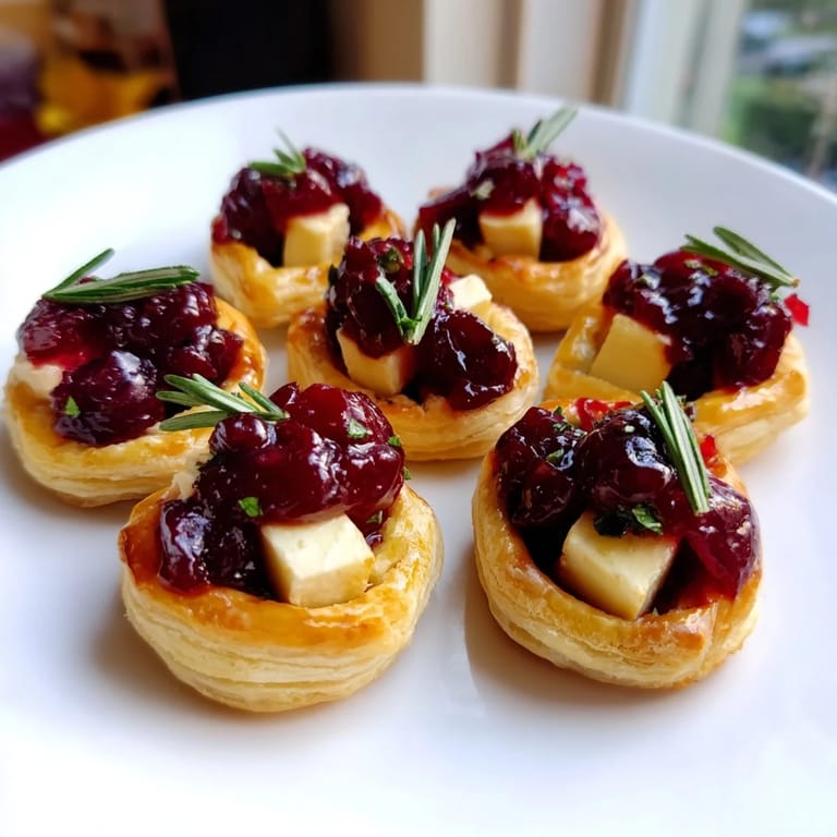 A close-up of a festive Mini Cranberry Brie Tart Wreath ready for serving at a holiday party.