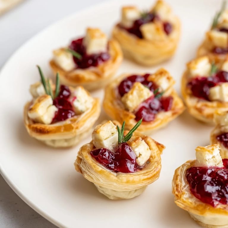 Buttery, baked puff pastry forms a lovely Mini Cranberry Brie Tart Wreath with a stunning garnish.