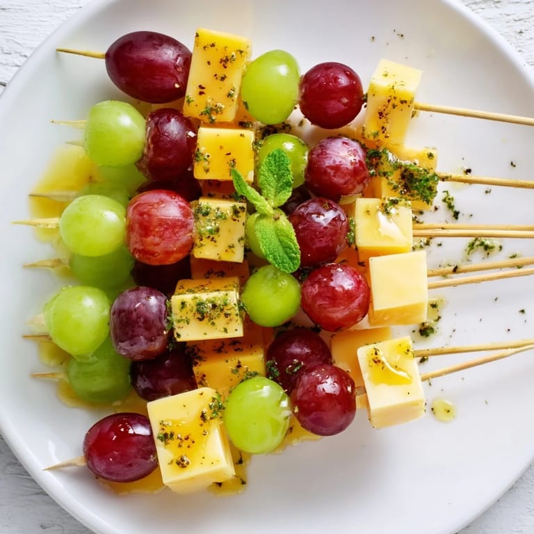 Close-up of Sparkling Grape and Cheese Skewers, glistening with honey and celebrating flavors.