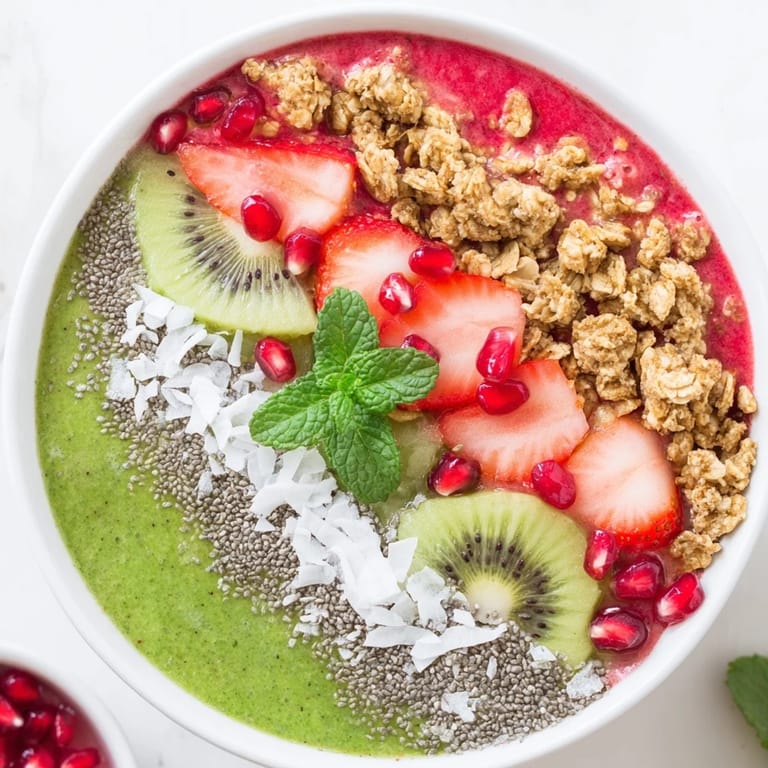 Enjoy the refreshing taste of these easy Festive Red and Green Smoothie Bowls with holiday flavors and textures.