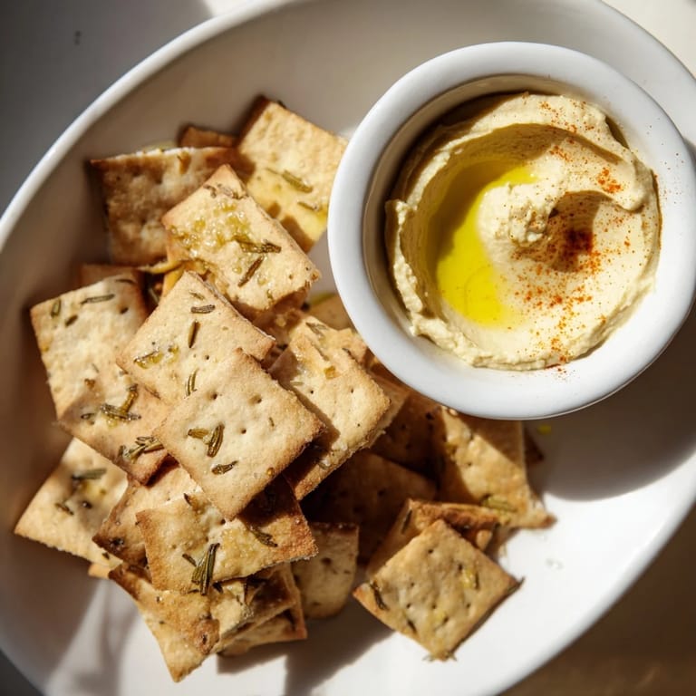 Crunchy Holiday Crackers with hummus, an elegant Mediterranean appetizer, perfect for sharing.