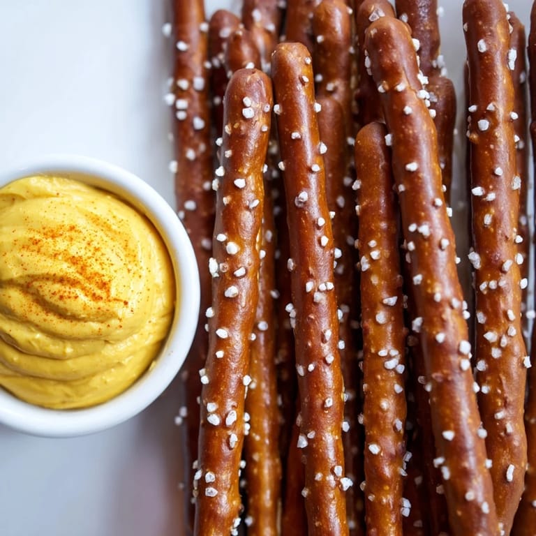 Enjoy savory pretzel rods and a creamy hot mustard dip, perfect for game days or casual gatherings.