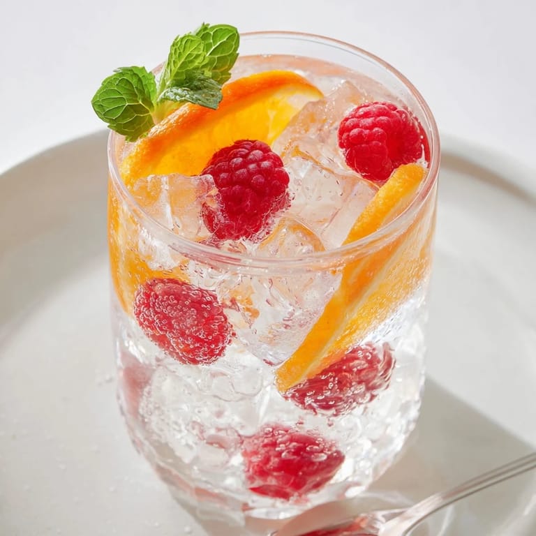 Picture the bright red raspberries sparkling in festive Sparkling Juice, ready for a delicious non-alcoholic toast with mint.