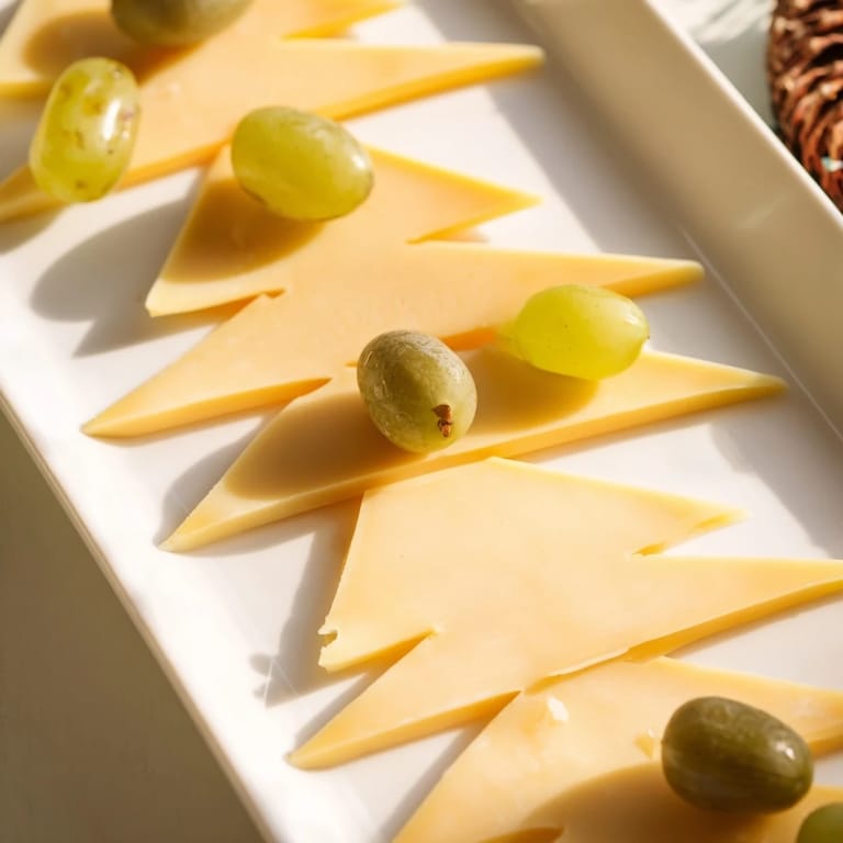 Enjoy a delicious Tannenbaum Border image showcasing cheese triangles forming festive pine trees with grapes.