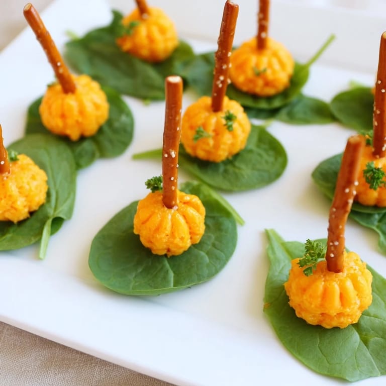 A top-down view of the "Pumpkin Patch" appetizer: neat rows of cheese pumpkins with pretzel stems and parsley.