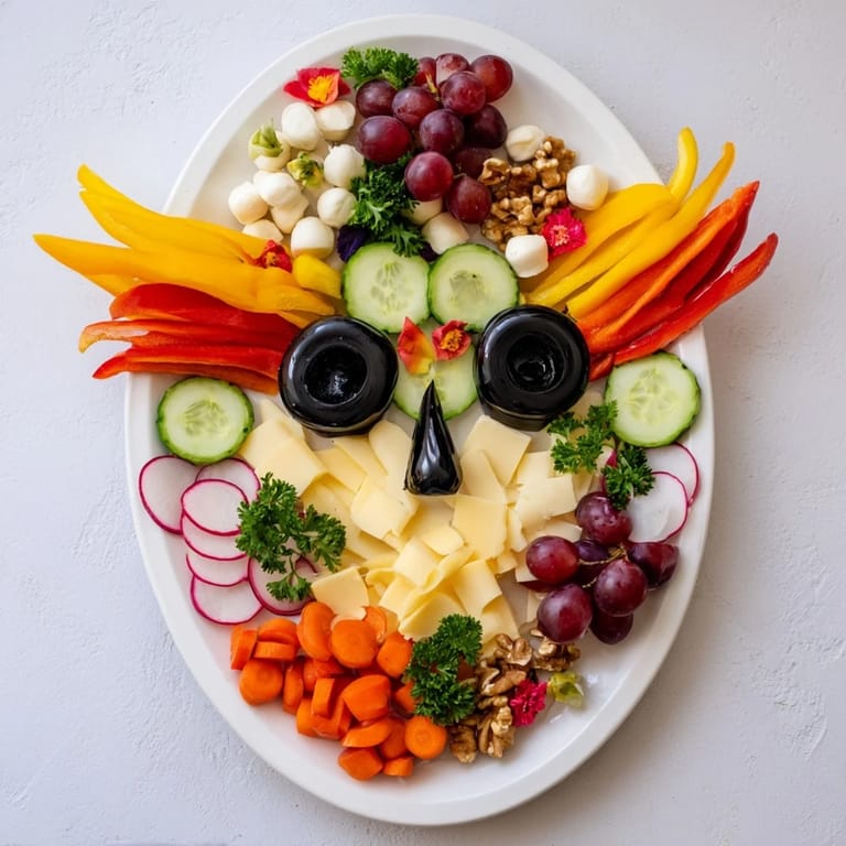 Elegant arrangement of The Masquerade Mask, a party appetizer with artistic fruit and cheese slices.