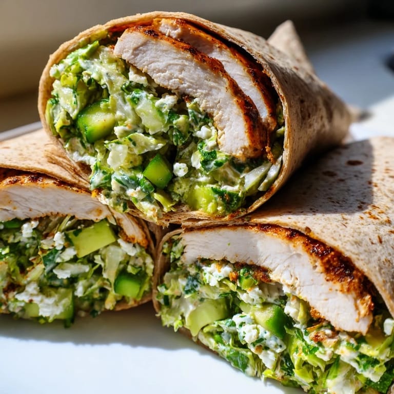 Freshly assembled Green Goddess Chicken Wraps, ready to eat, with a generous helping of vibrant salad inside.