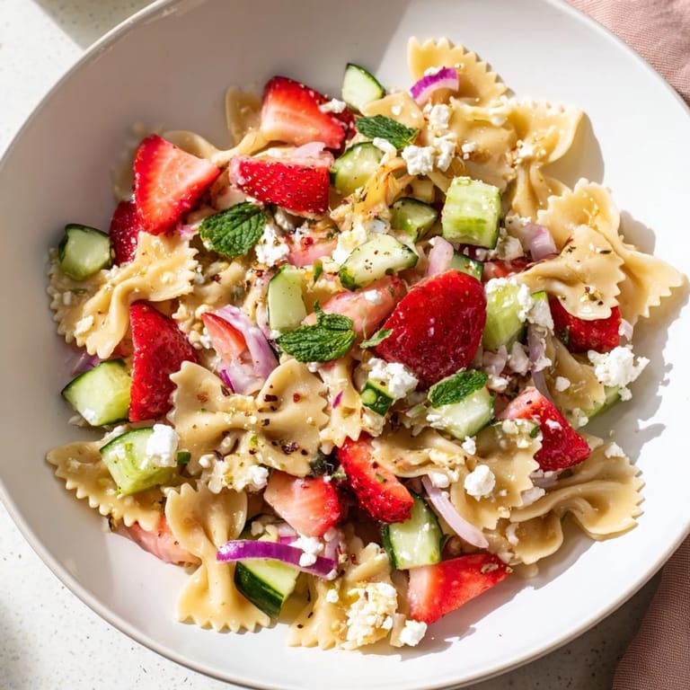 This lovely Strawberry Feta Pasta is a vibrant, easy salad dish with sweet and savory flavors.