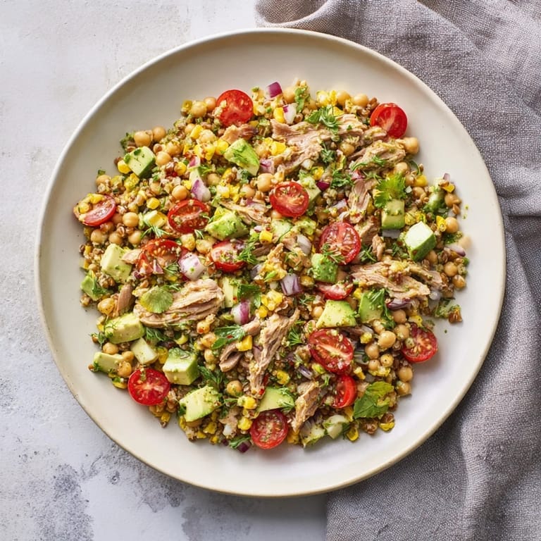 Freshly tossed Dense Chickpea and Tuna Salad, seasoned and vibrant, perfect alongside crusty bread.