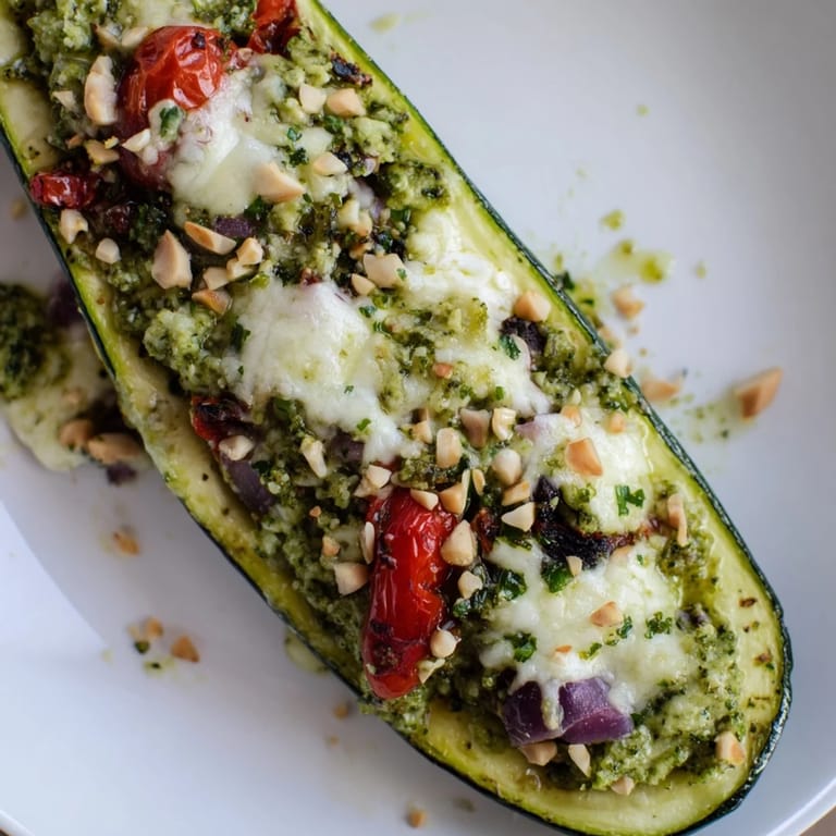 Freshly baked Cheesy Pesto Zucchini Boats served warm, filled with vibrant pesto and savory vegetables, ready to eat.