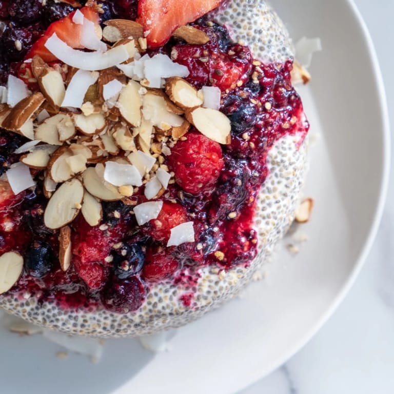A visually appealing bowl of fresh Berry Chia Pudding, topped with sliced almonds, ready to eat.