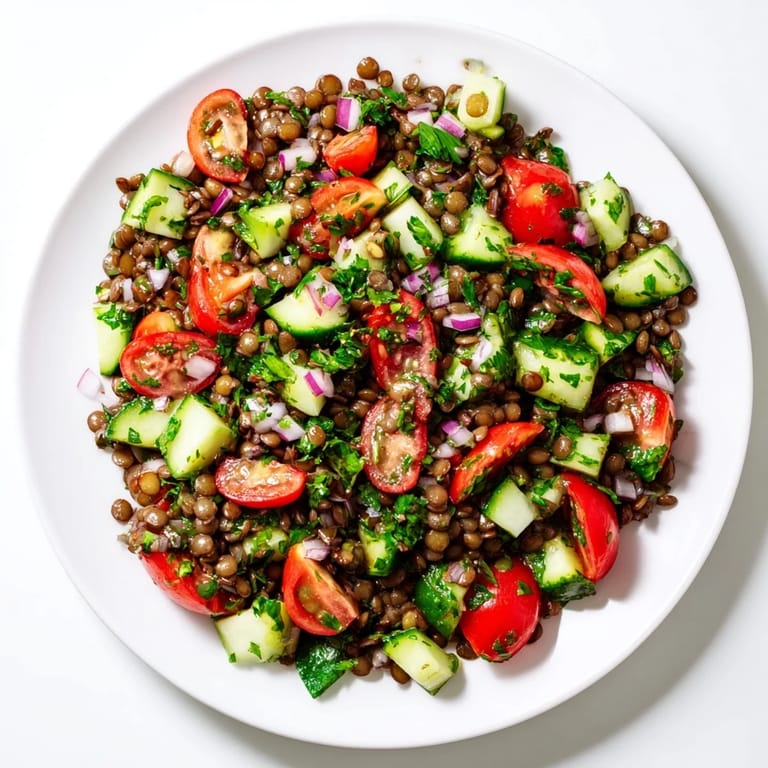 Enjoy a refreshing Lentil Salad featuring tender lentils and a vibrant mix of fresh vegetables.