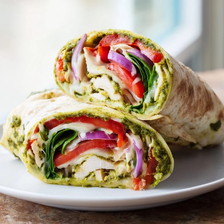 Sliced Pesto Chicken Wrap, showing layers of chicken, pesto, and veggies for a tasty lunch.