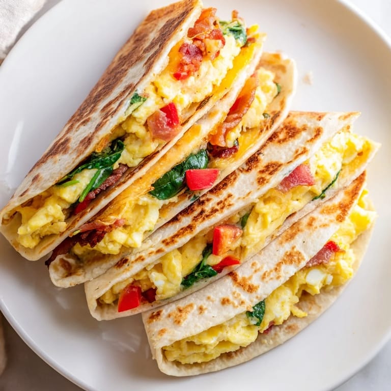 Folded tortilla revealing a flavorful Breakfast Quesadilla Hack filled with cheesy eggs and veggies.